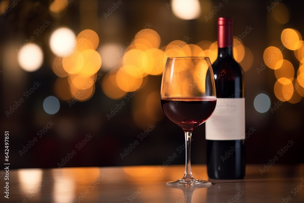a bottle and a glass of red quality wine on a table in a restaurant 