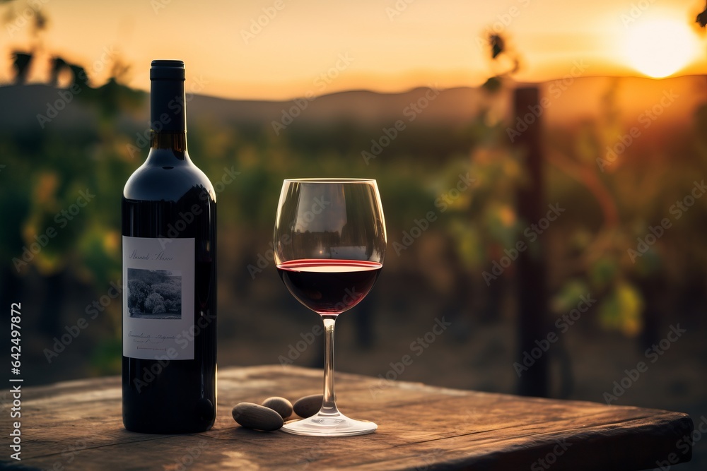 a bottle and a glass of red wine on a table in a vineyard under sunset light
