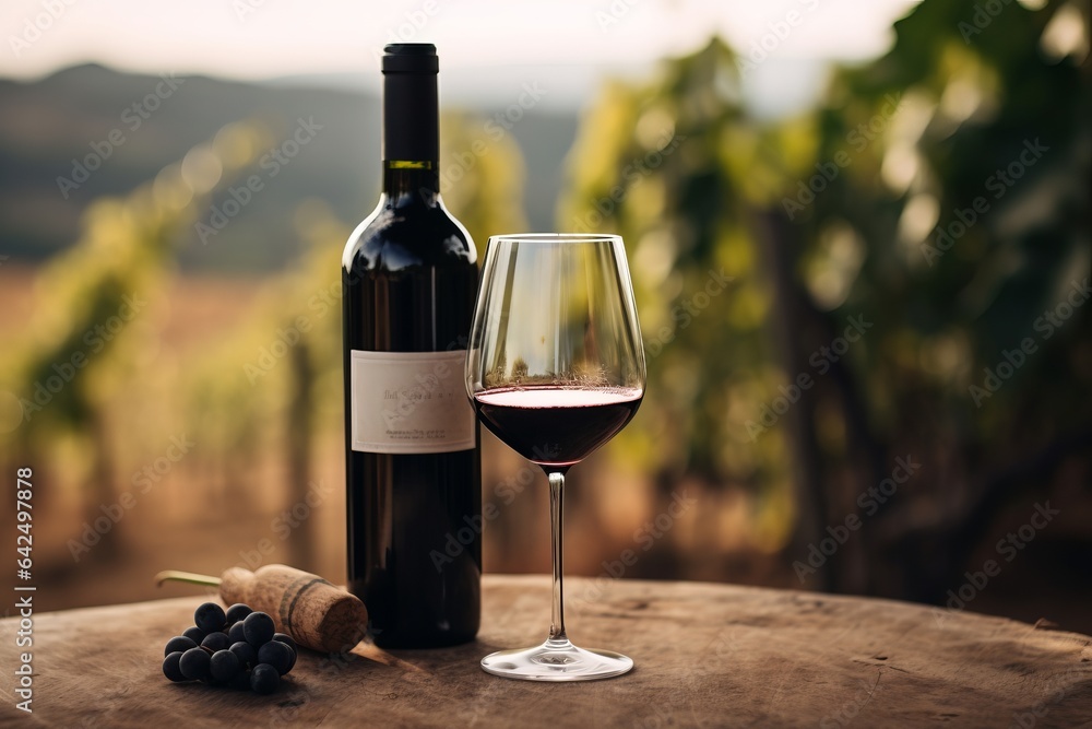 Fototapeta premium a bottle and a glass of red wine on a table in a vineyard under sunset light