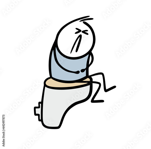 Man closed his eyes, bent over, grabbed his stomach and sits on the toilet in the toilet stall. Vector illustration of an unfortunate stickman with abdominal pain and diarrhea.