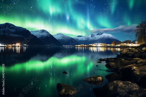 aurora borealis shining green over snowy mountains in the fiords of Norway