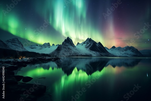 Fototapeta aurora borealis shining green over snowy mountains in the fiords of Norway