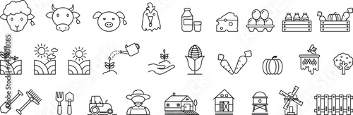 Farming agriculture minimal thin line icon set. The icons as seeding,garden, village,greenhouse, haystack, harvest and more. Outline icon set. White transparent background