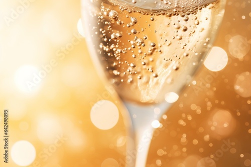 close up of a glass of champagne full of bubbles in blurred light background