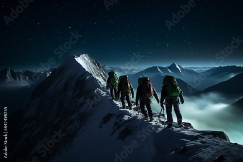 apinist climbing a summit in the himalayas at night