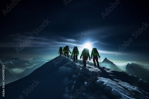 apinist climbing a summit in the himalayas at night photo