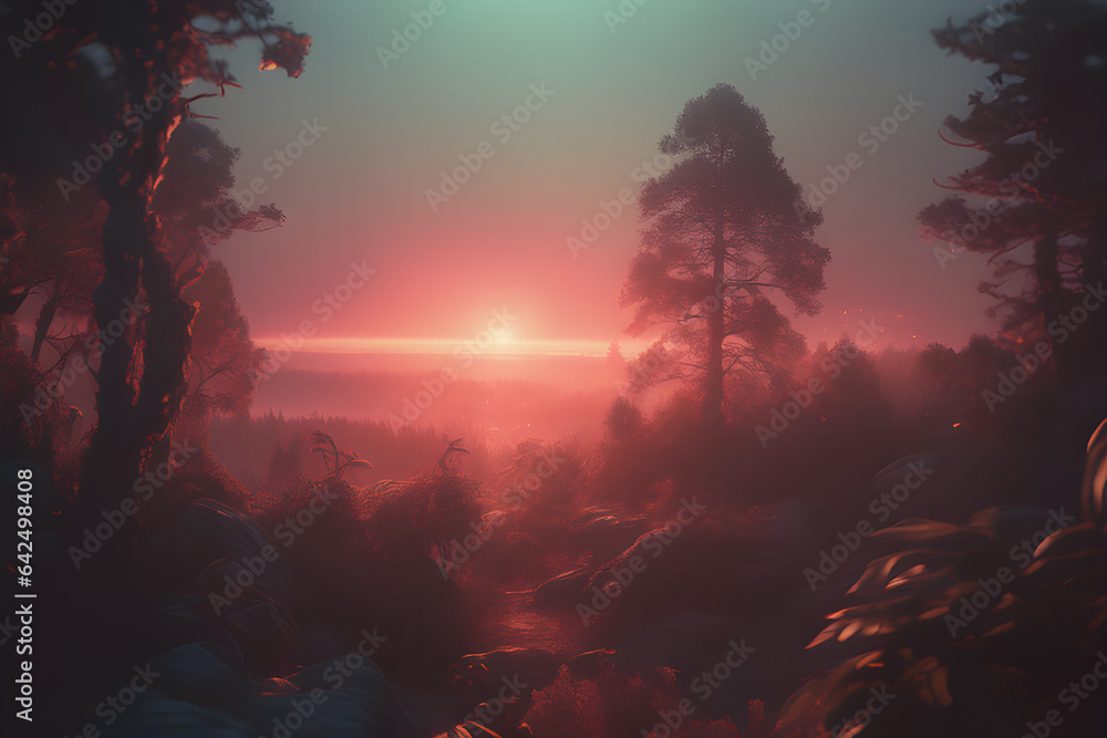 sunrise in the forest. generative al.