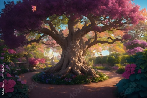 magical tree at the centre of a vibrant and ever-changing garden