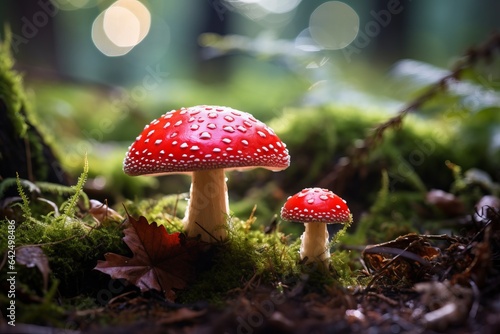 macro shot of small red toxic mushrooms in the forest ground in autumn 