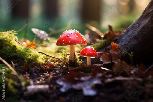 macro shot of small red toxic mushrooms in the forest ground in autumn 