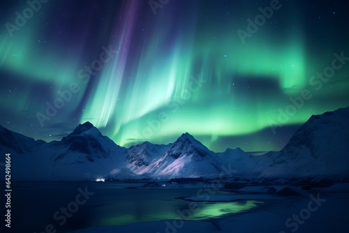 aurora borealis shining green over snowy mountains in the fiords of Norway © urdialex
