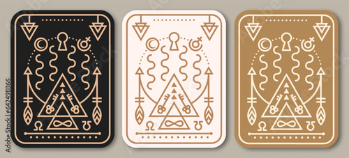 Esoteric symbols poster, banner. Vector. Thin line geometric badge. Outline icon for alchemy or sacred geometry. Mystic and magic design with Gate to another world.