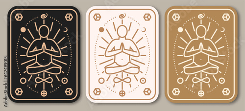 Esoteric symbols poster, banner. Vector. Thin line geometric badge. Outline icon for alchemy, sacred geometry. Mystic and magic design with bat wing, stars, planets and moon.