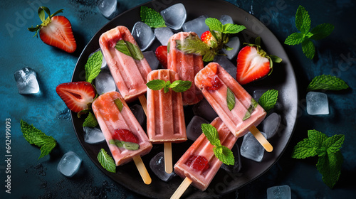 Top view of yummy popsicles with mint and strawberries. Generative ai