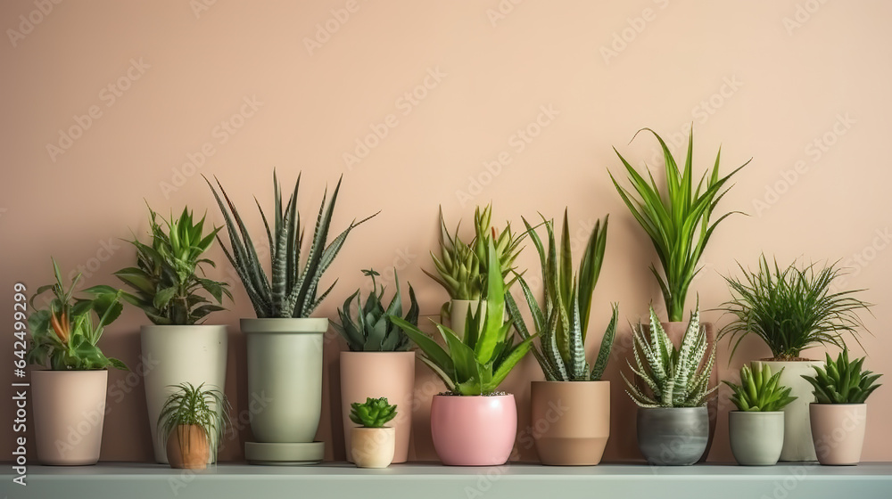 Collection of various succulent plants and peace lily in different pots. Generative ai Collection of various succulent plants and peace lily in different pots. Generative ai