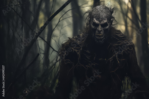 a zombie walking through the woods near a bridge  in the style of norwegian nature.