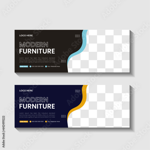 Corporate Furniture Facebook cover template and web banner design with  navy blue and yellow color.