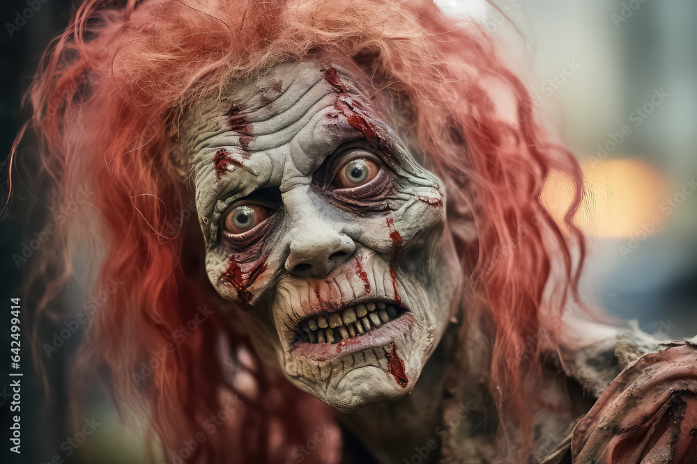 Photo of a retired woman with a bright red wig and zombie makeup.