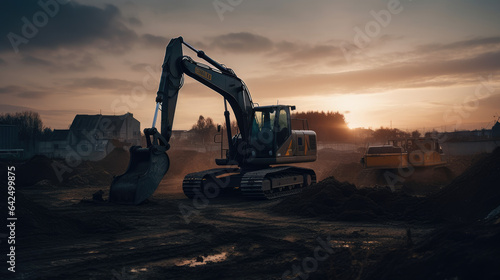 A large excavator working on an industrial site under a sunset sky.