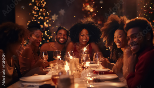 happy group of friends celebrating christmas and new year together at the festive table in the evening with a garland