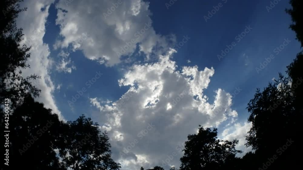 Blue sky, moving white and grey clouds, sun rays and dark branches of trees moved by wind on summer weather - timelapse, panorama 160. Topics: meteorology, season, natural environment, climate Blue sky, moving white and grey clouds, sun rays and dark branches of trees moved by wind on summer weather - timelapse, panorama 160. Topics: meteorology, season, natural environment, climate