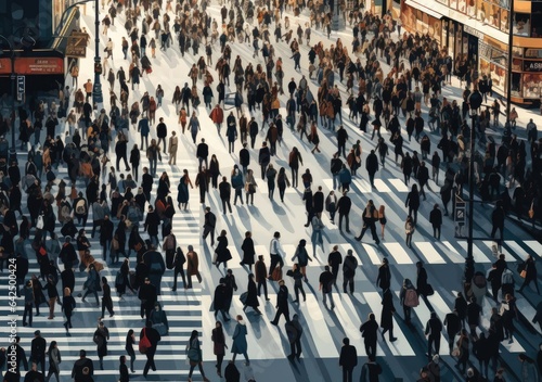 A crowd of people walks down the streets