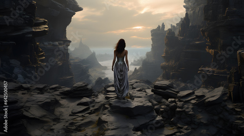 there is a woman standing on a rocky cliff looking out at the ocean Generative AI