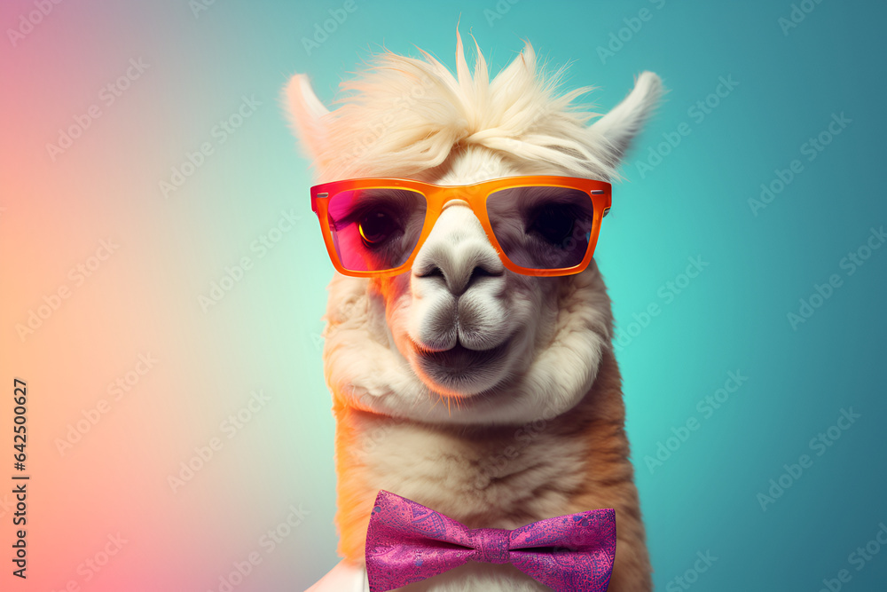 Cheerful llama, alpaca in sunglasses on a bright background, with a pink bow tie. Humorous postcard.