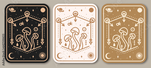 Esoteric symbols poster, banner. Vector. Thin line geometric badge. Outline icon for alchemy or sacred geometry. Mystic and magic design with alchemy symbols and mushrooms.