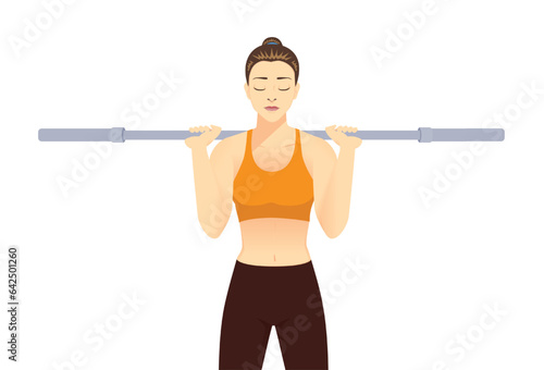 Woman place herself underneath the empty Barbell across her shoulder. Illustration about start pose of exercise with weight lifting equipment.