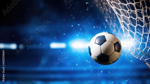 Soccer Ball Flies into Goal  Bending Net Against Flashing Lights on Blue Background