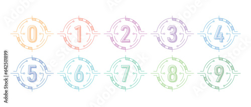 0-9 numbers on a white background. technological interface and colored numbers