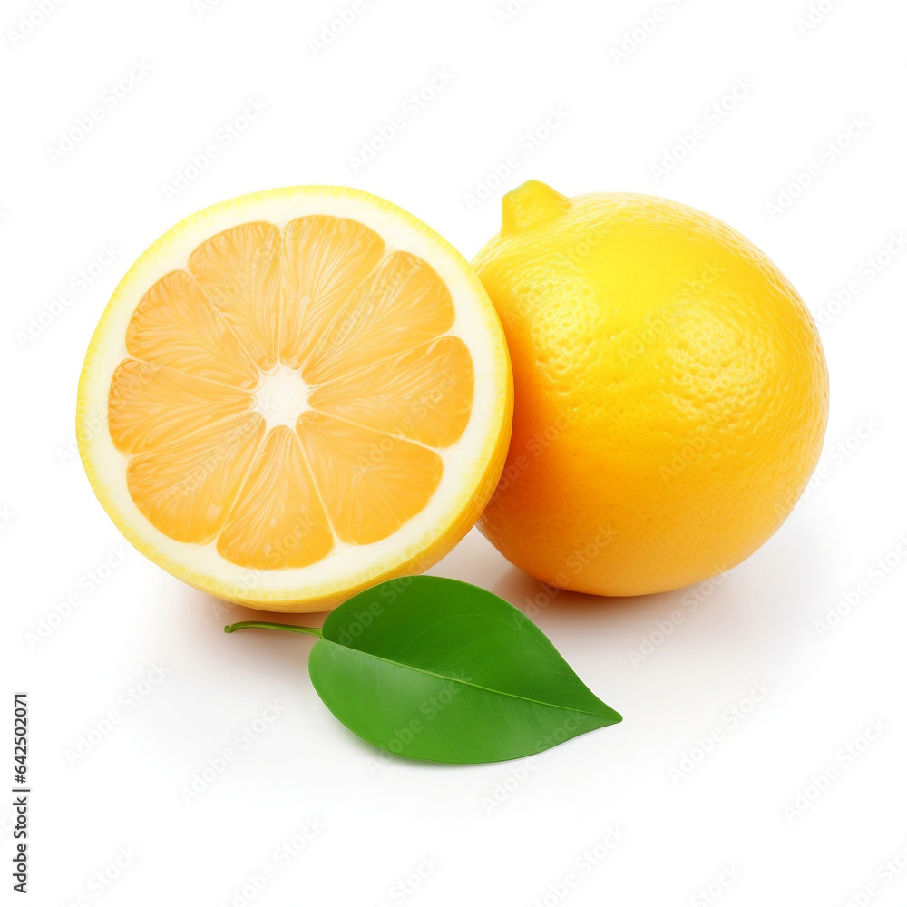 Illustration isolated lemons on white background, one whole lemon and half of lemon.