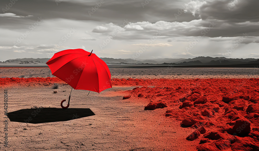 Unreal fantastic landscape with red umbrella. AI generated