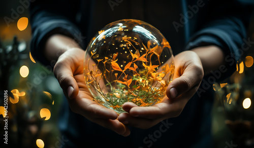 Transparent crystal sphere with forest inside. Ecology concept. AI generated