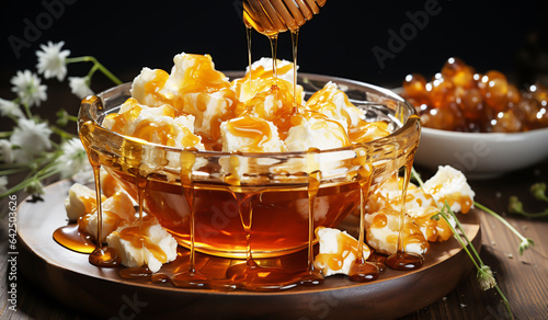 Popcorn with honey dripping on top. AI generated