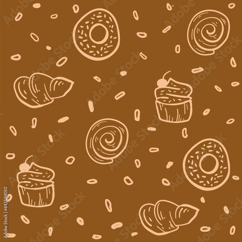 Seamless vector pattern with hand drawn doodle and donut. Vector set of elements for menu design