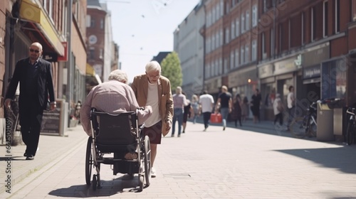 An Elderly Man Pushing an Elderly Woman in a Wheelchair, generative AI