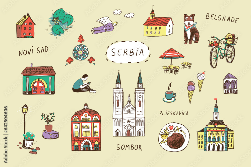 Fototapeta premium Travel Serbia landmarks vector illustrations doodle set.