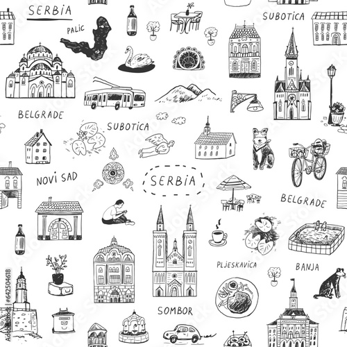 Travel Serbia landmarks vector illustrations doodle seamless pattern.
