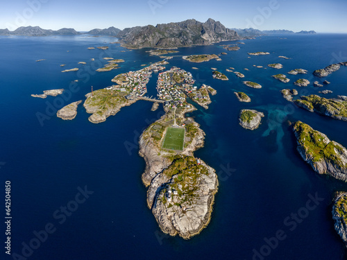 Henningsvaer town panorama aerial drone view  photo