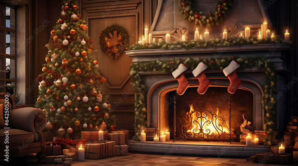 fireplace with christmas tree and christmas decorations