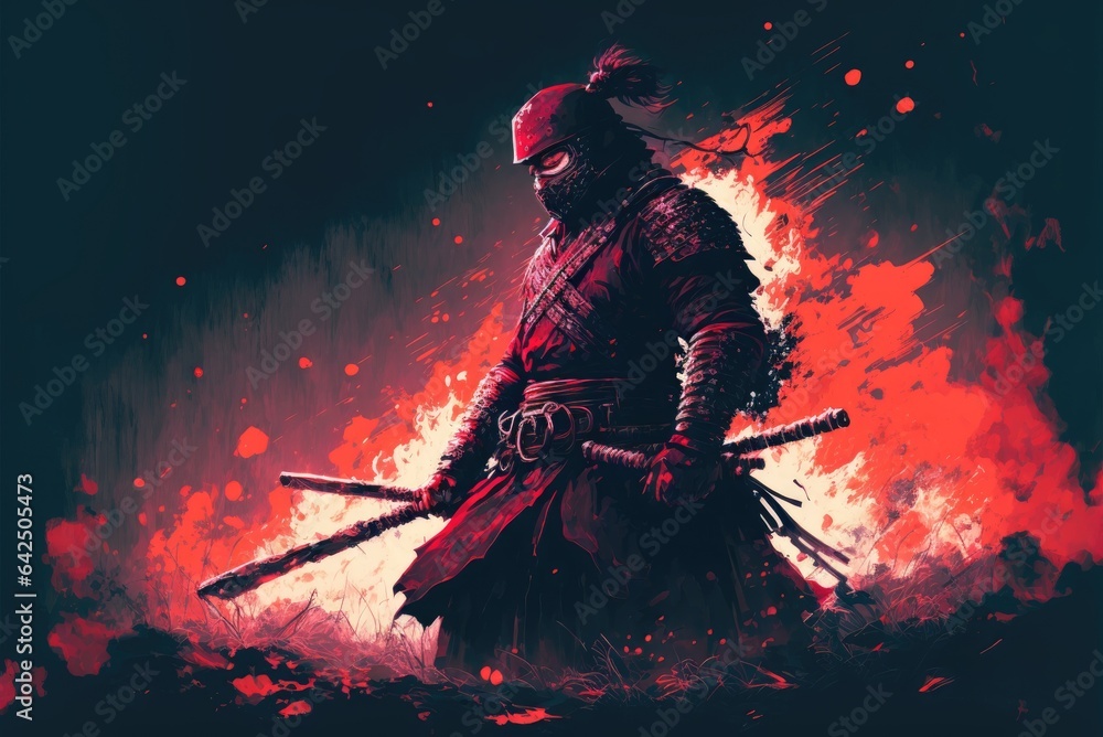 Warrior standing in a fiery background. Generative AI.