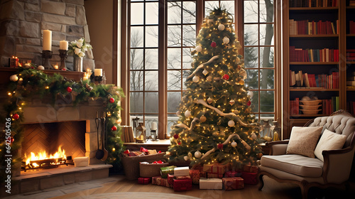 Christmas Tree with Gifts on the fireplace in a modern living room with cozy winter atmosphere