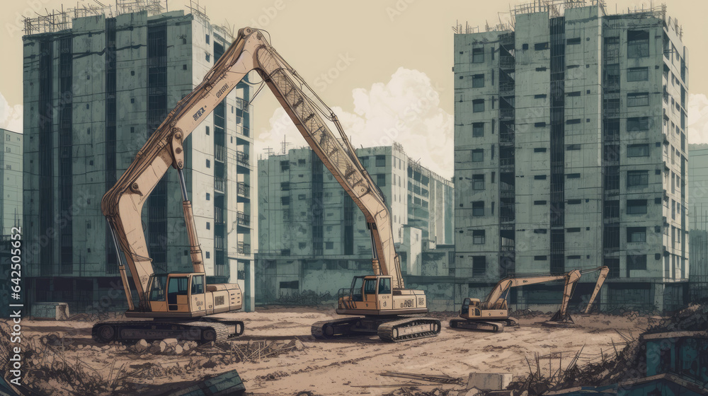 Construction of new residential high-rise buildings. Against the background of a yellow sunset sky. Construction of new residential high-rise buildings. Against the background of a yellow sunset sky.