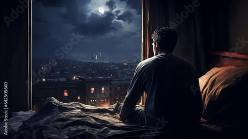 He wakes up in bed with a confused expression on his face.