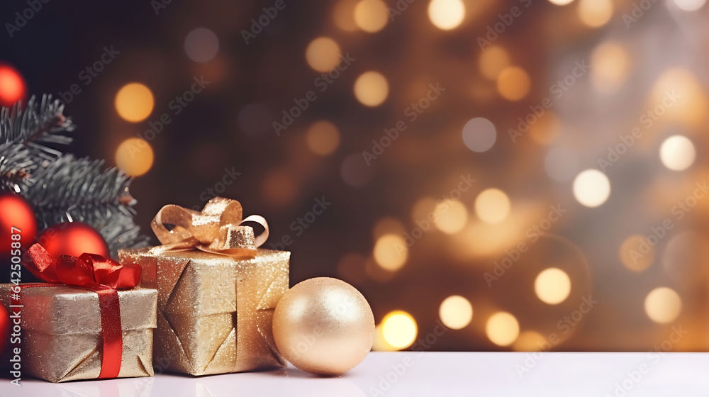 christmas background with gift boxes and decorations with Gold Background 
