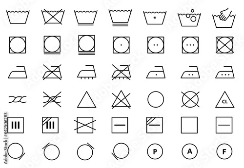 Laundry Vector Icons set. Washing symbols. Care clothes instructions on labels, machine or hand washing signs.