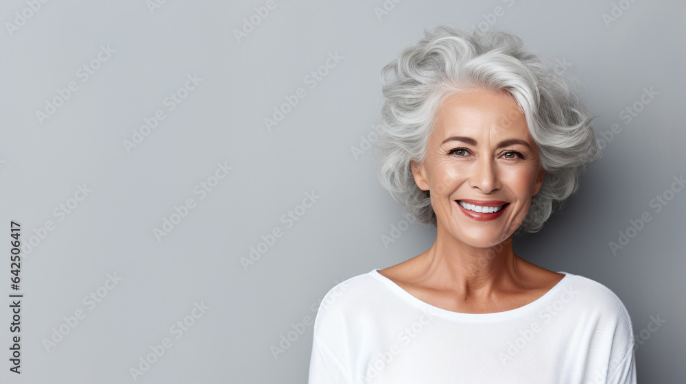 Portrait d'une femme âgée, souriante, fond gris.