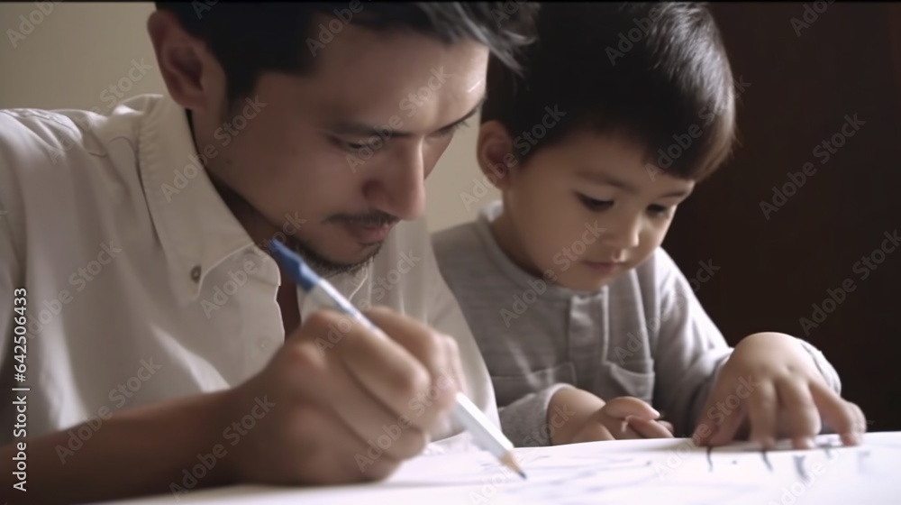 Boy Drawing a Stick-Men Picture of His Parents, generative AI Boy Drawing a Stick-Men Picture of His Parents, generative AI